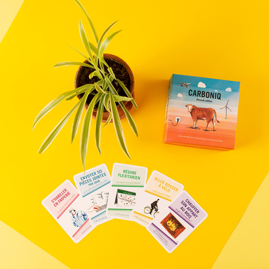 Boîte et exemple de cartes du jeu Carboniq.